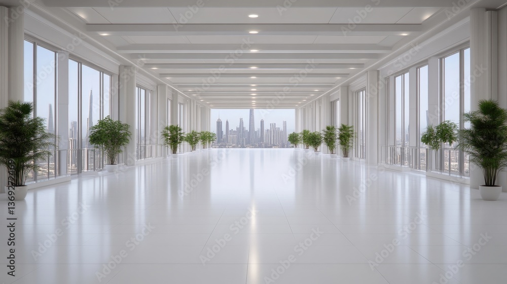Spacious, modern, white office hallway with city views Spacious, modern, white office hallway with city views