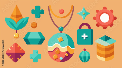 An array of unique and oneofakind goods from jewelry made with natural stones to wooden toys and puzzles.. Vector illustration