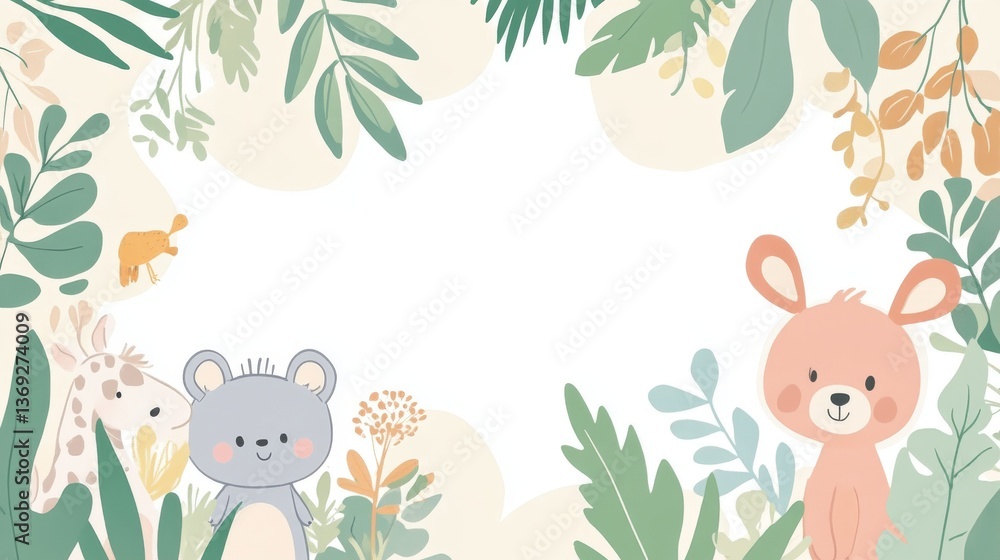 Obraz premium 120.Boho baby card designs featuring cartoonish illustrations of cuddly animals, leafy patterns, and soft pastel palettes, ideal for baby showers and kids' decor.