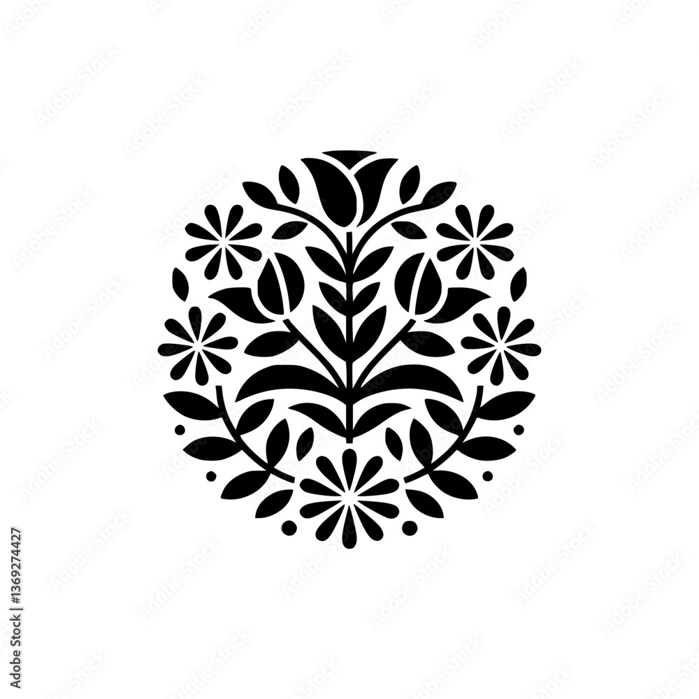 Fototapeta premium Black Floral Orb: Minimalist Botanical Design on White Background