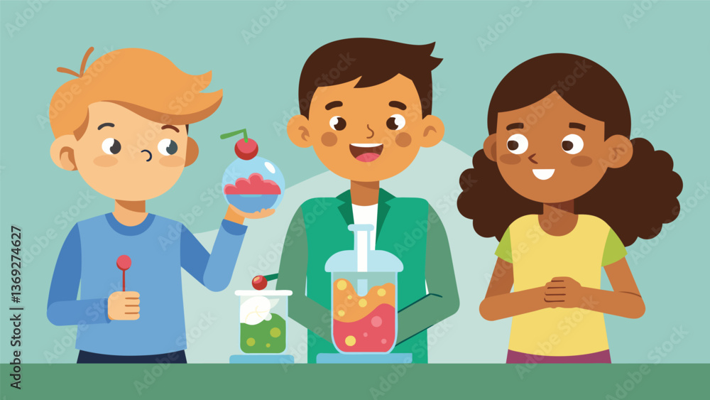 A group of siblings confidently presenting their edible rock candy growth experiment with bubbling solutions and sugary crystals on display.. Vector illustration A group of siblings confidently presenting their edible rock candy growth experiment with bubbling solutions and sugary crystals on display.. Vector illustration