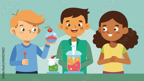 A group of siblings confidently presenting their edible rock candy growth experiment with bubbling solutions and sugary crystals on display.. Vector illustration
