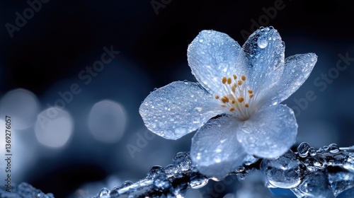 Delicate white flower with ice crystals