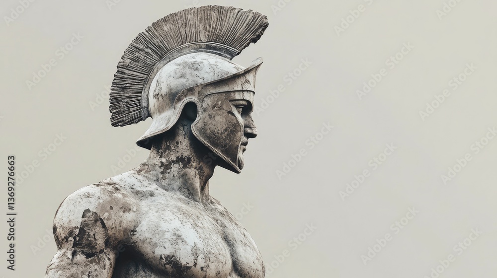 Obraz premium Weathered statue, plumed helmet, muscular torso.