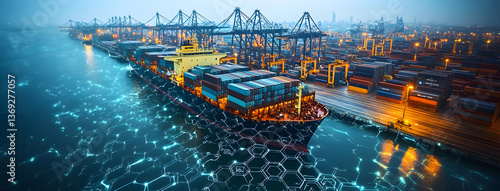 Safety Engineer Observing a Digital Smart Port at Night – A Fusion of Technology and Industry