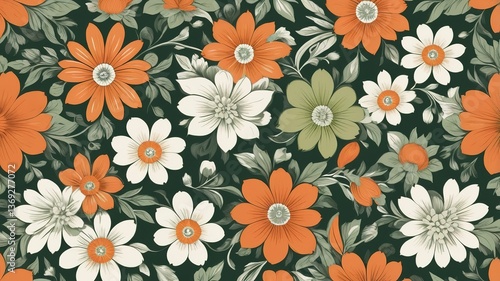Wallpaper Mural Vintage floral seamless pattern with orange, green, and white hues.  Torontodigital.ca