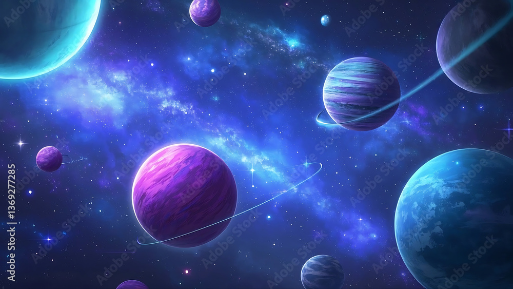 Naklejka premium Cosmic scene with planets and galaxy in space.