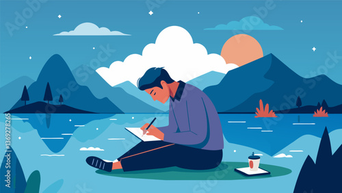 A man writing poetry by a tranquil lake channeling his pain and transforming it into beautiful healing words.. Vector illustration
