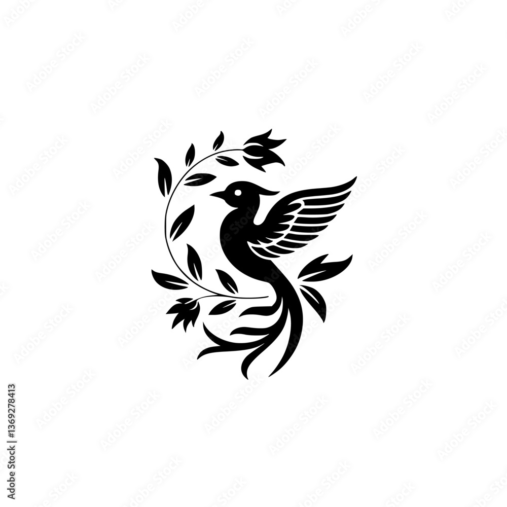 Obraz premium Elegant Black Bird and Floral Design on White Background