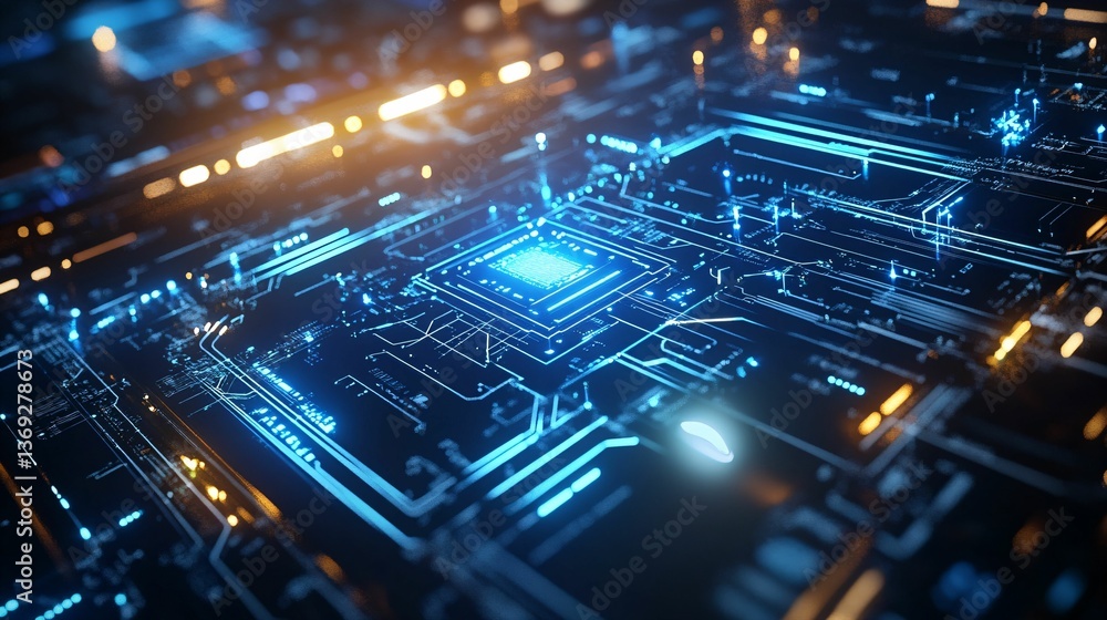 Fototapeta premium Blue and Orange Circuit Board with Microchip and Glowing Lights
