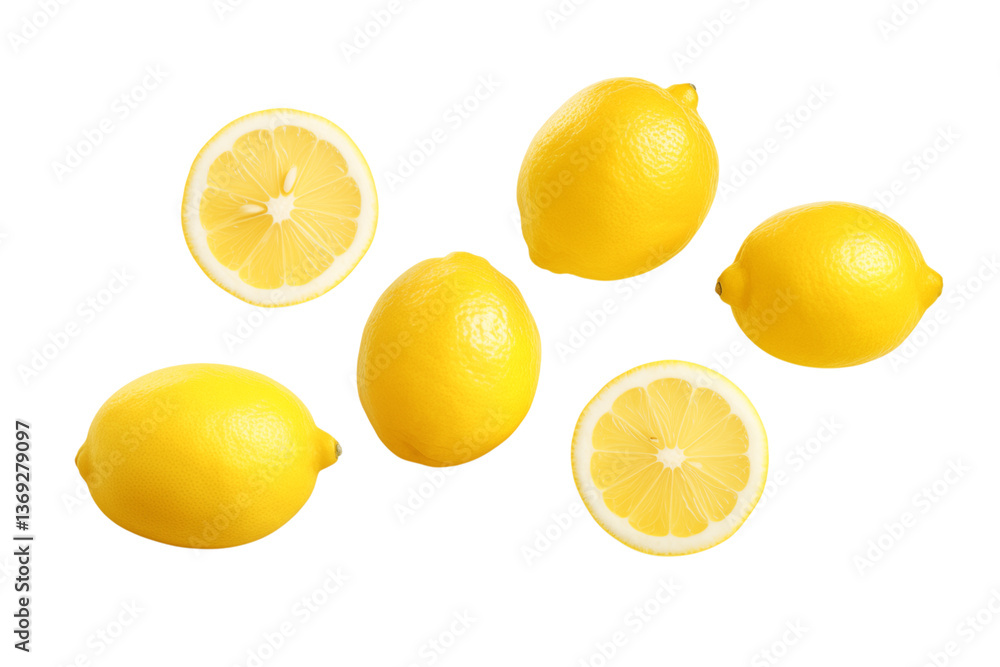 A collection of lemons displayed on a black background with some cut in half to show inside fruit transparent backgroundpng A collection of lemons displayed on a black background with some cut in half to show inside fruit transparent backgroundpng