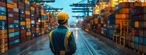 Safety Engineer Observing a Digital Smart Port at Night – A Fusion of Technology and Industry