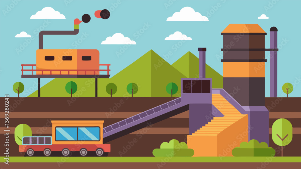 A modern industrial peat processing plant with conveyor belts and hightech machinery producing highquality briquettes for distribution to urban areas.. Vector illustration A modern industrial peat processing plant with conveyor belts and hightech machinery producing highquality briquettes for distribution to urban areas.. Vector illustration
