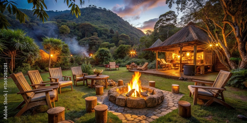 Obraz premium Cozy Outdoor Camping Space with Bonfire and Rustic Wooden Furniture at a Brazilian Hotel â€“ Perfect for Relaxation in Nature