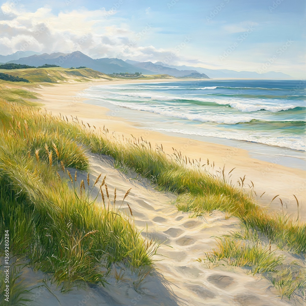 Serene Beach Landscape with Gentle Waves and Green Dunes Serene Beach Landscape with Gentle Waves and Green Dunes