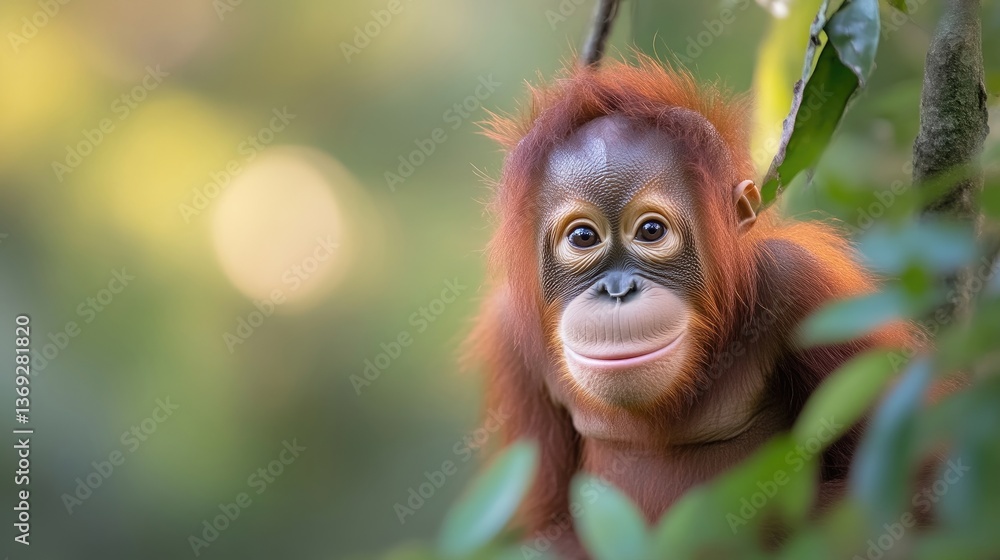 Naklejka premium Adorable baby orangutan in jungle setting