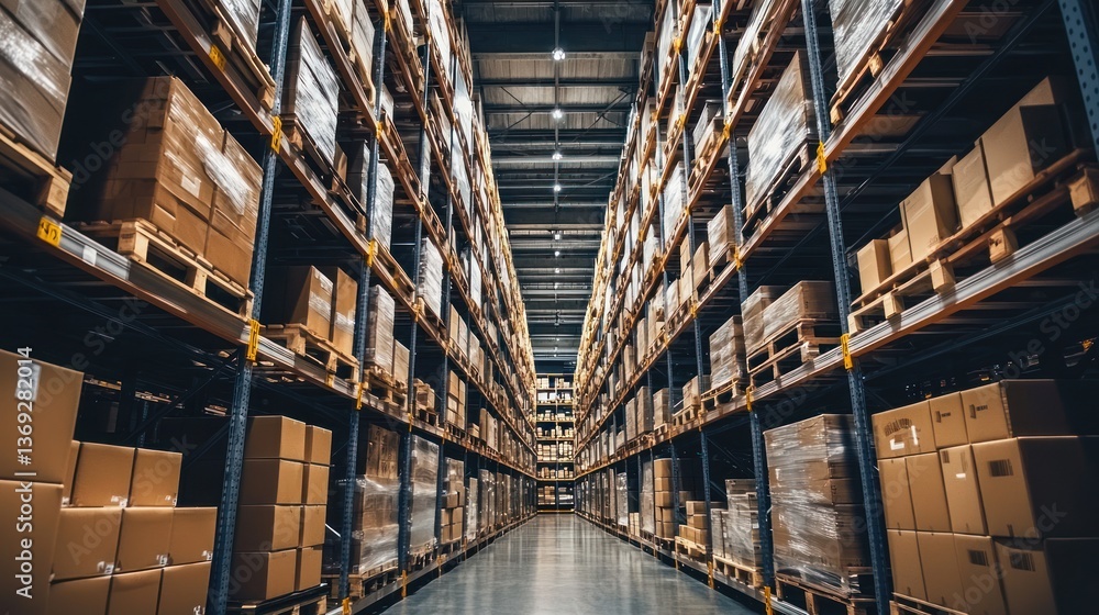 Fototapeta premium A warehouse with high shelves filled with boxes and automated sorting systems.