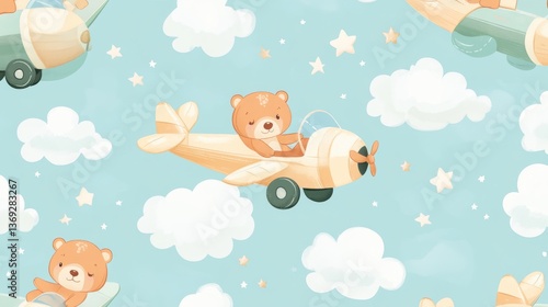 88.A joyful seamless pattern with adorable adventure bears in flying airplanes, surrounded by light, fluffy clouds and sparkling stars, perfect for baby shower decor or childrenâ€™s textile designs.