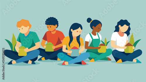A group of friends sit a the rows of corn husking and shucking with determination.. Vector illustration