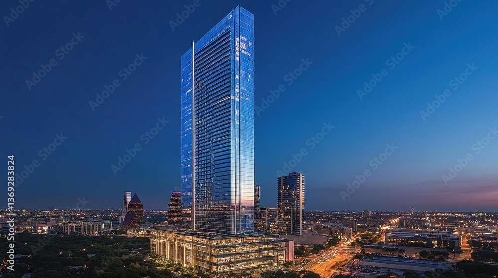 Obraz premium A modern skyscraper illuminated at dusk, showcasing urban architecture and city life.