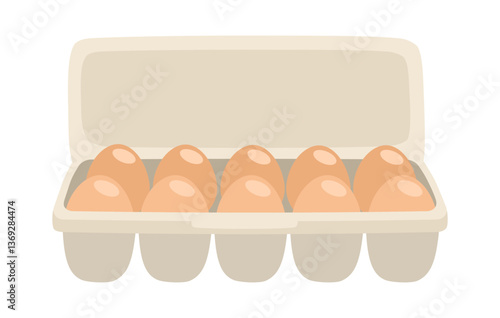 Opened egg tray. Chicken eggs in carton box in flat design vector illustration on white background.