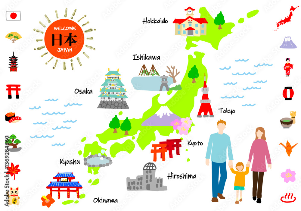 Naklejka premium 日本の観光地と家族のフラットイラストマップ