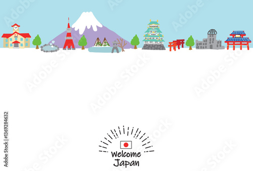 日本の観光地の街並み手描きフラットイラスト