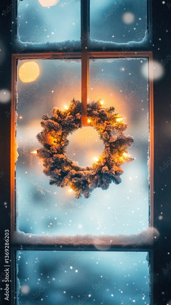 Fototapeta premium Snow-covered wreath, illuminated, hangs winter window.
