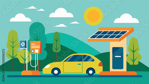 An electric car charging station powered by the community solar project allowing residents to utilize clean transportation options and further reduce. Vector illustration