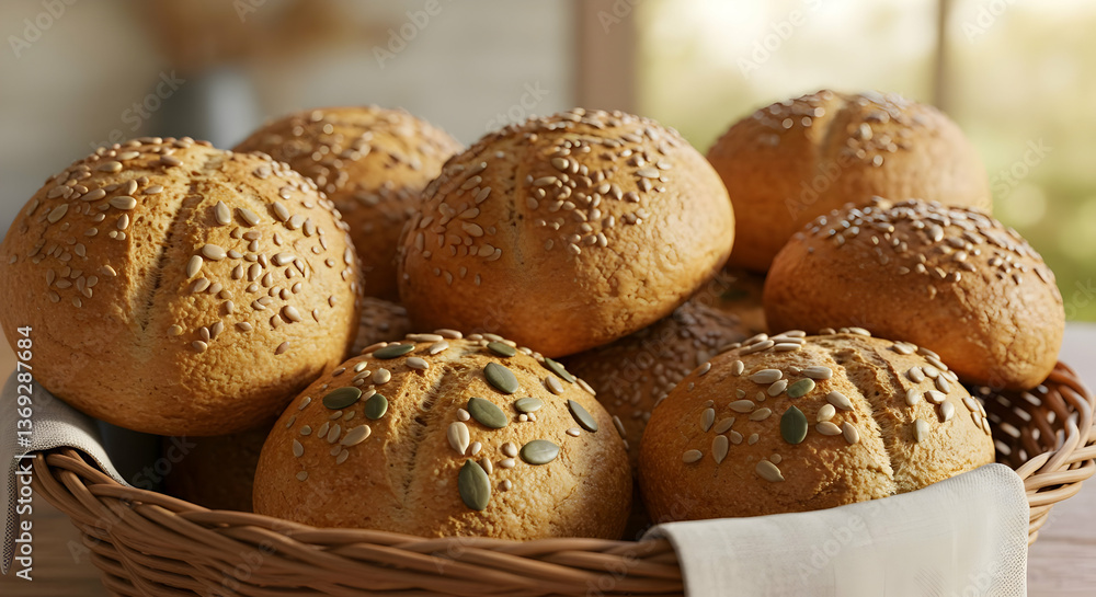 Assortment Of Seed Topped Rolls In Basket Assortment Of Seed Topped Rolls In Basket