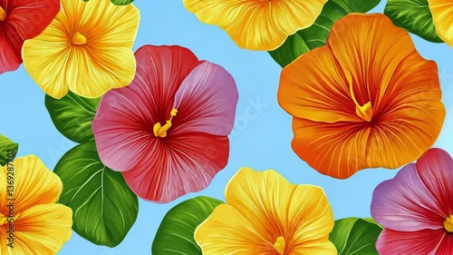 Wallpaper Mural Brightly colored hibiscus flowers with lush green leaves create a vibrant floral pattern on a light blue background Torontodigital.ca