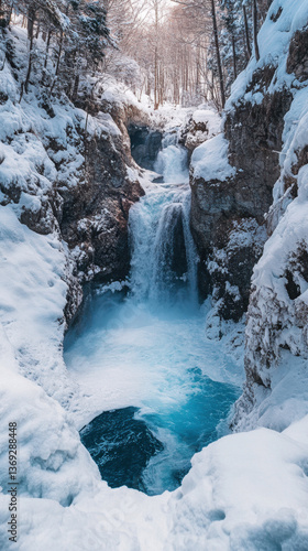 A snowy winter waterfall cascading through a forested canyon