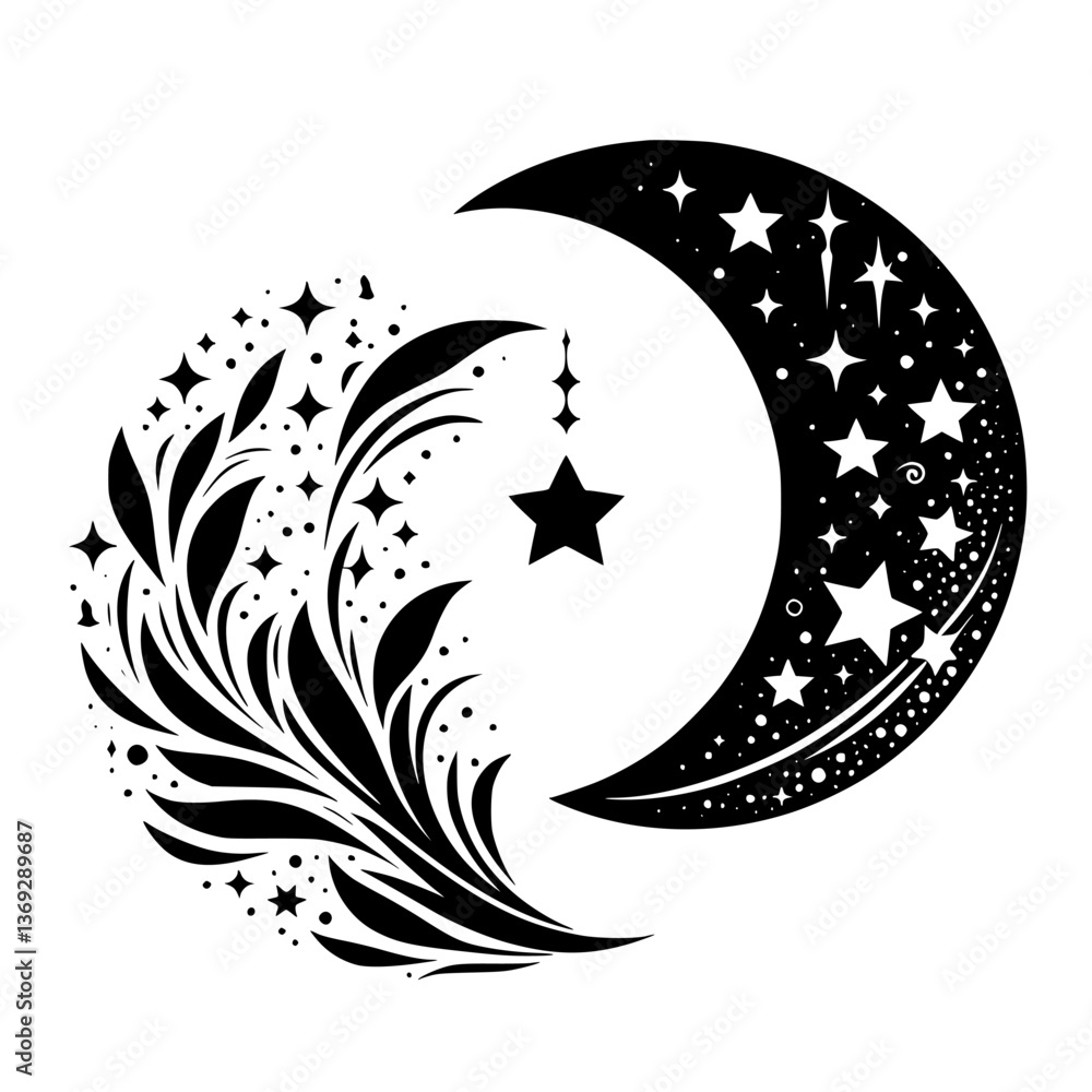 Fototapeta premium Black & White Crescent Moon & Starry Floral Ornament, Boho Style