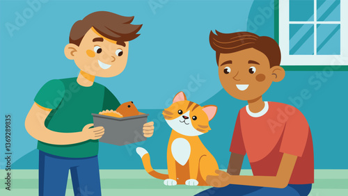 A teenage boy volunteering at a shelter excitedly telling his parents about the new kitten he wants to add to their family.. Vector illustration