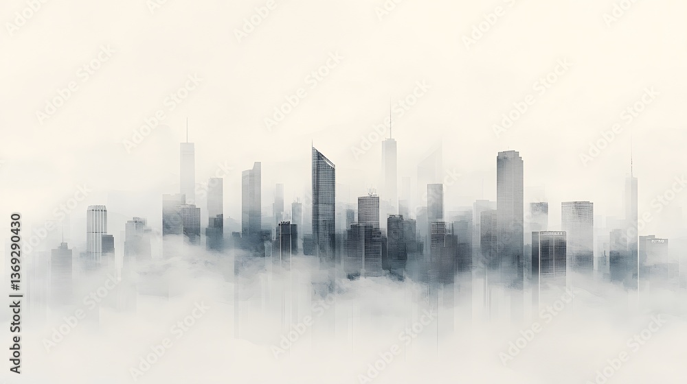 Modern City Skyline Emerging from Fog Dramatic Urban Landscape Modern City Skyline Emerging from Fog Dramatic Urban Landscape