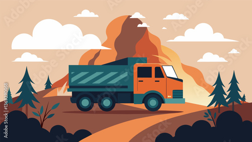 A truck covered in dust and ash slowly trudges along dirt roads delivering coal ash to a remote disposal site.. Vector illustration