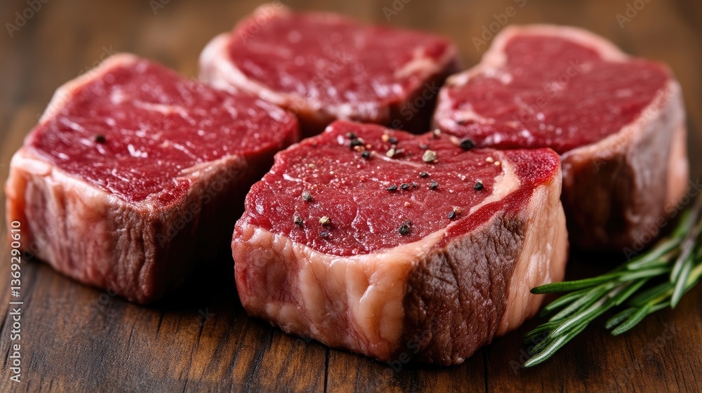 Fresh, seasoned beef steaks arranged on a wooden surface Fresh, seasoned beef steaks arranged on a wooden surface