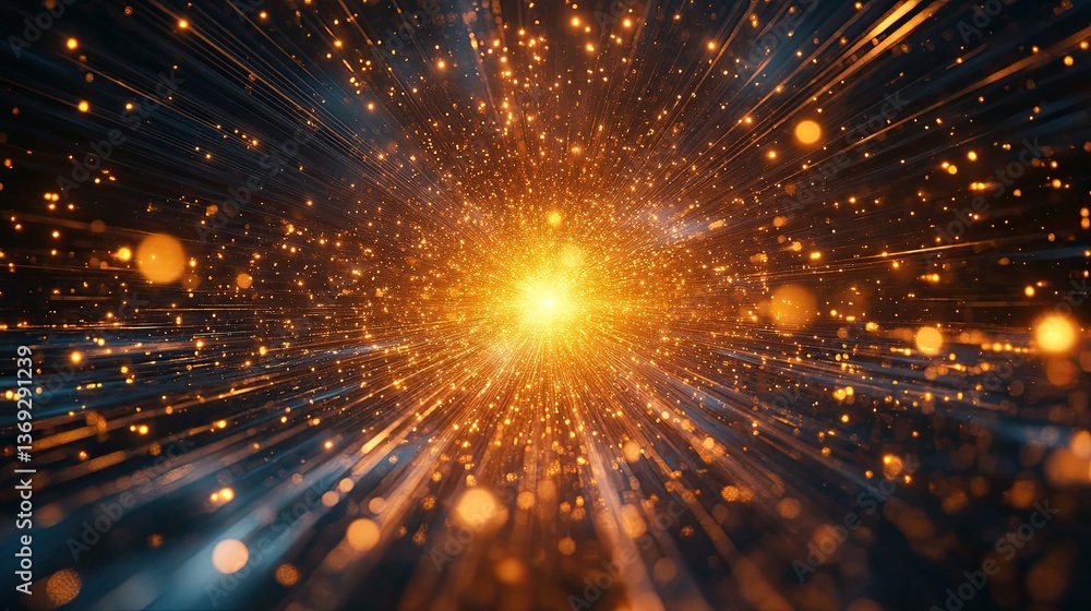 Naklejka premium Glowing Starburst Energy Beams Creating a Radiant Light Effect in a Dynamic Abstract Digital Background 