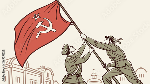 Two Soviet Soldiers Raising Flag - Full View Vector SVG Editorial Illustration