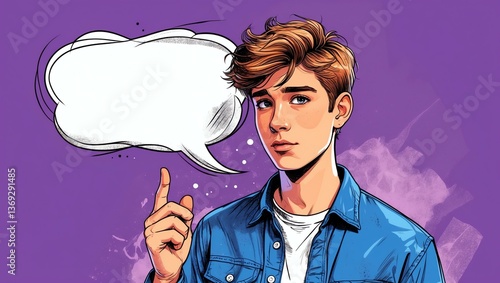 teenage guy with blank speech bubble looks like thinking on purple background