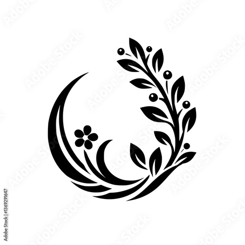 Elegant Floral Wreath Vector Illustration, Black & White Design