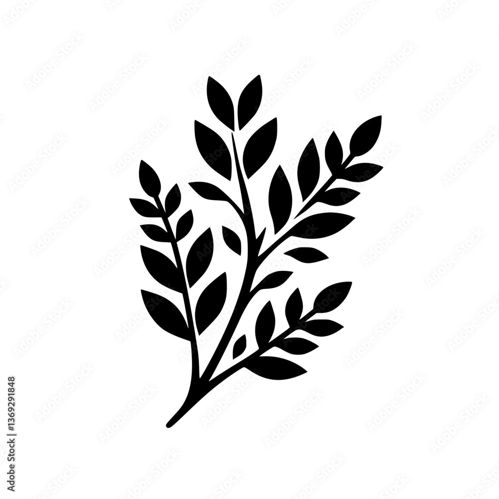 Minimalist Black Leafy Sprig on White Background: Botanical Design Minimalist Black Leafy Sprig on White Background: Botanical Design