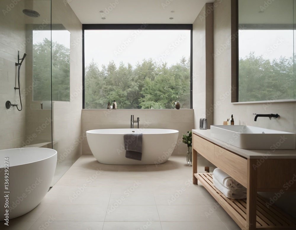 Modern minimalist bathroom with sleek fixtures, neutral tones, large mirror, natural light, and eco-friendly design elements. Modern minimalist bathroom with sleek fixtures, neutral tones, large mirror, natural light, and eco-friendly design elements.