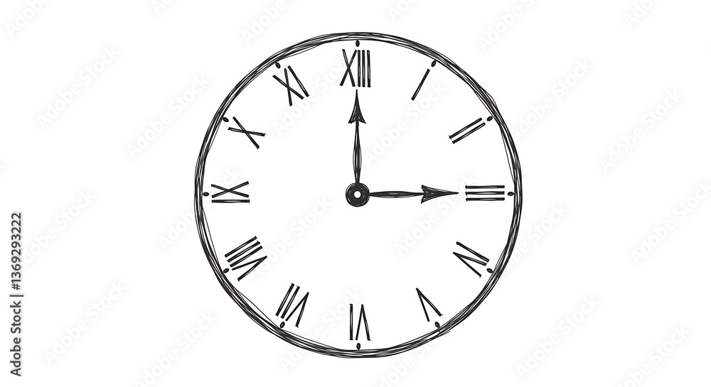 Clock Face Showing Three O'clock with Roman Numerals Isolated on White