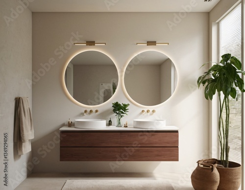 Modern minimalist bathroom with neutral tones, sleek fixtures, a freestanding bathtub, large mirrors, and natural light streaming through a window, featuring eco-friendly materials and clean lines.