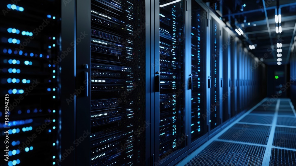 Sleek data center interior with long rows of illuminated server cabinets and modern overhead lighting. Perfect for IT infrastructure, data storage, and cloud computing visuals Sleek data center interior with long rows of illuminated server cabinets and modern overhead lighting. Perfect for IT infrastructure, data storage, and cloud computing visuals