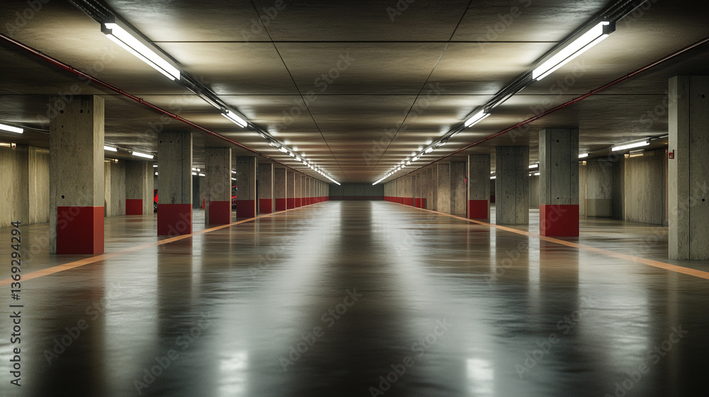 A long view of an empty parking garage with concrete pillars and bright fluorescent lighting overhead A long view of an empty parking garage with concrete pillars and bright fluorescent lighting overhead