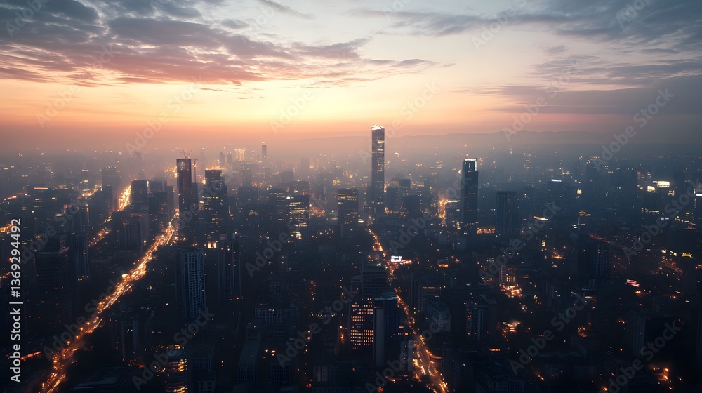 Fototapeta premium Stunning Aerial View of City Skyline at Sunset Golden Hour Cityscape