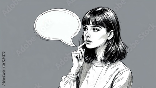girl with blank speech bubble looks like thinking on gray background