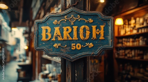 Ornate blue and gold vintage sign with bold text